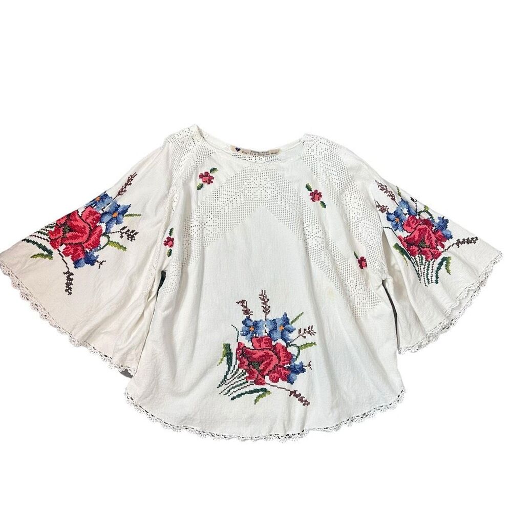 Vintage White Peasant Blouse with Red and Blue Floral Embroidery
